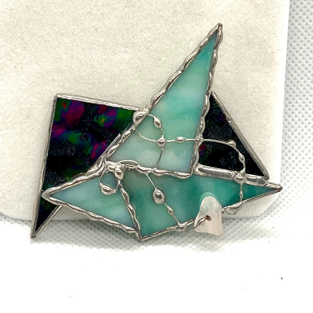 Vintage Brooch Pin - Geometric Triangle Stained Glass Green Blue Abstract Art‎